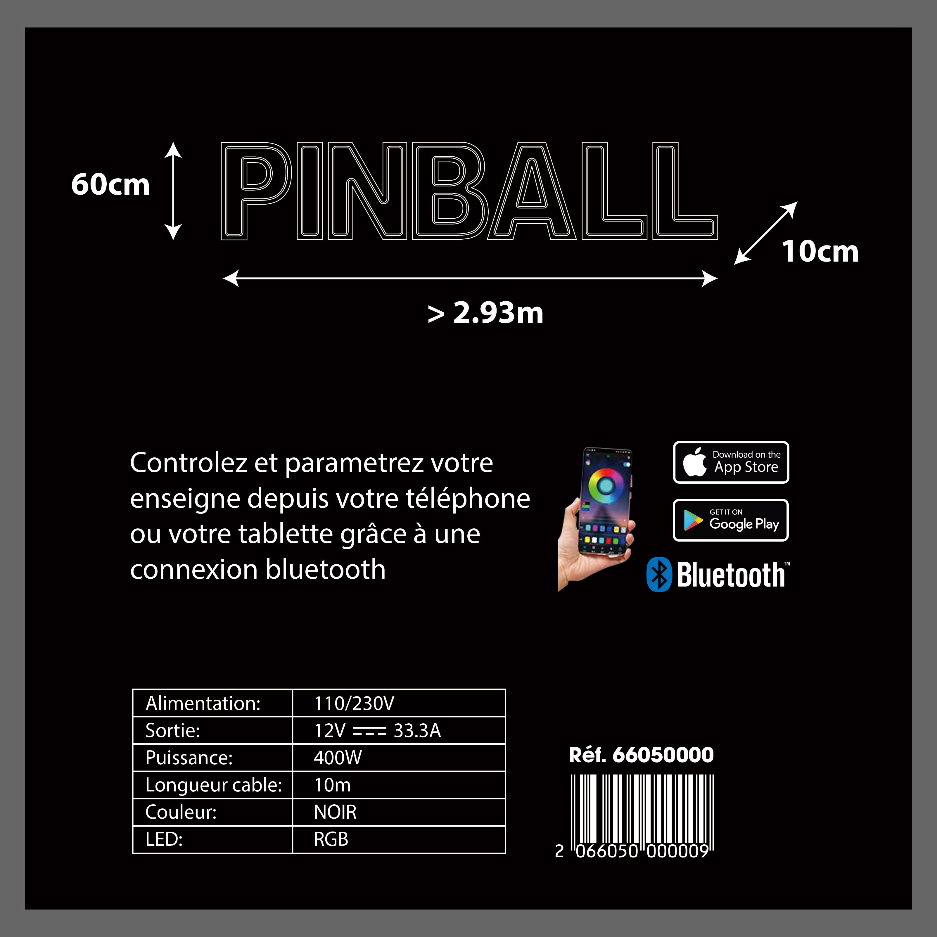 7 lettres lumineuses professionnelles XL RGB Bluetooth largeur 2,93 mètre (PINBALL)