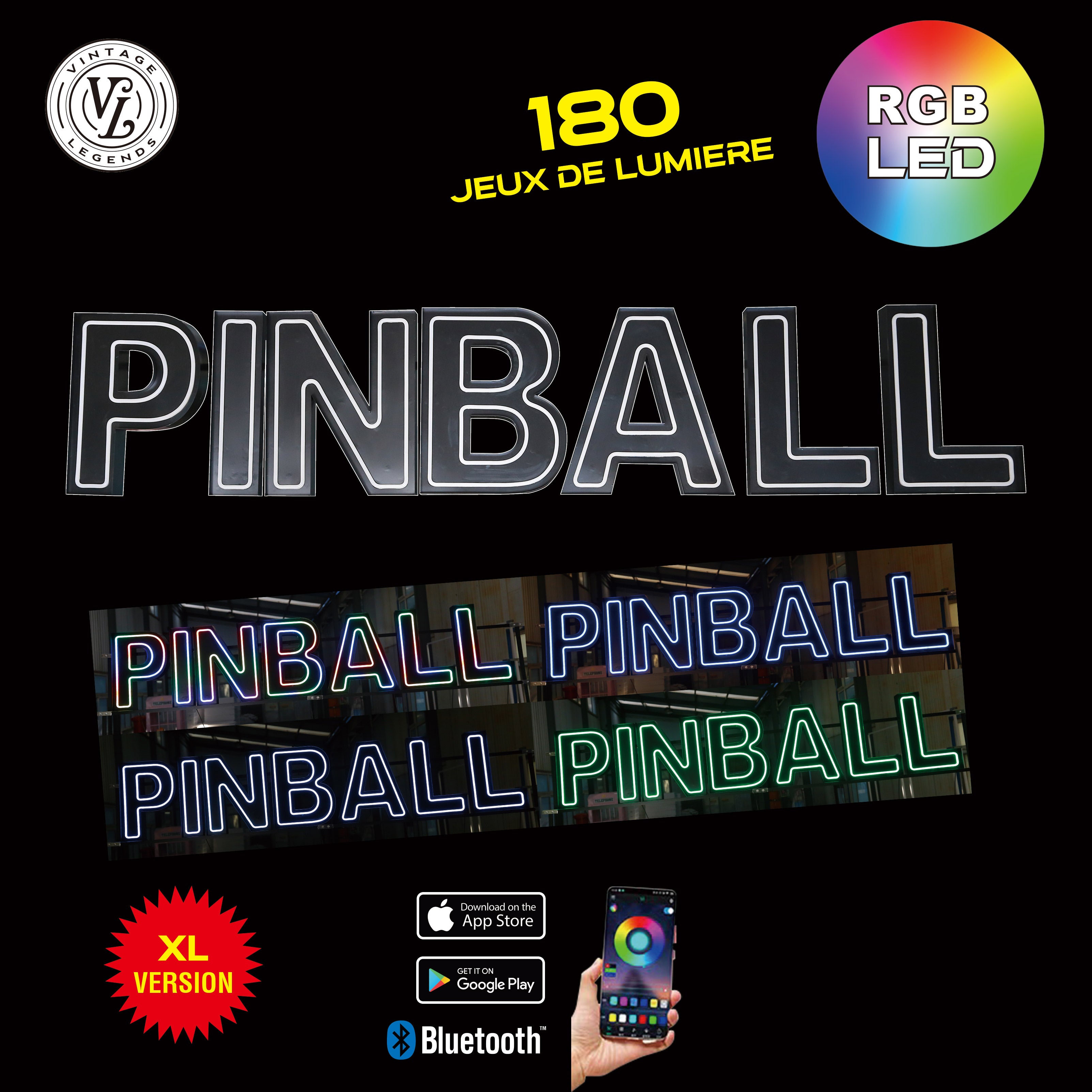 7 lettres lumineuses professionnelles XL RGB Bluetooth largeur 2,93 mètre (PINBALL)