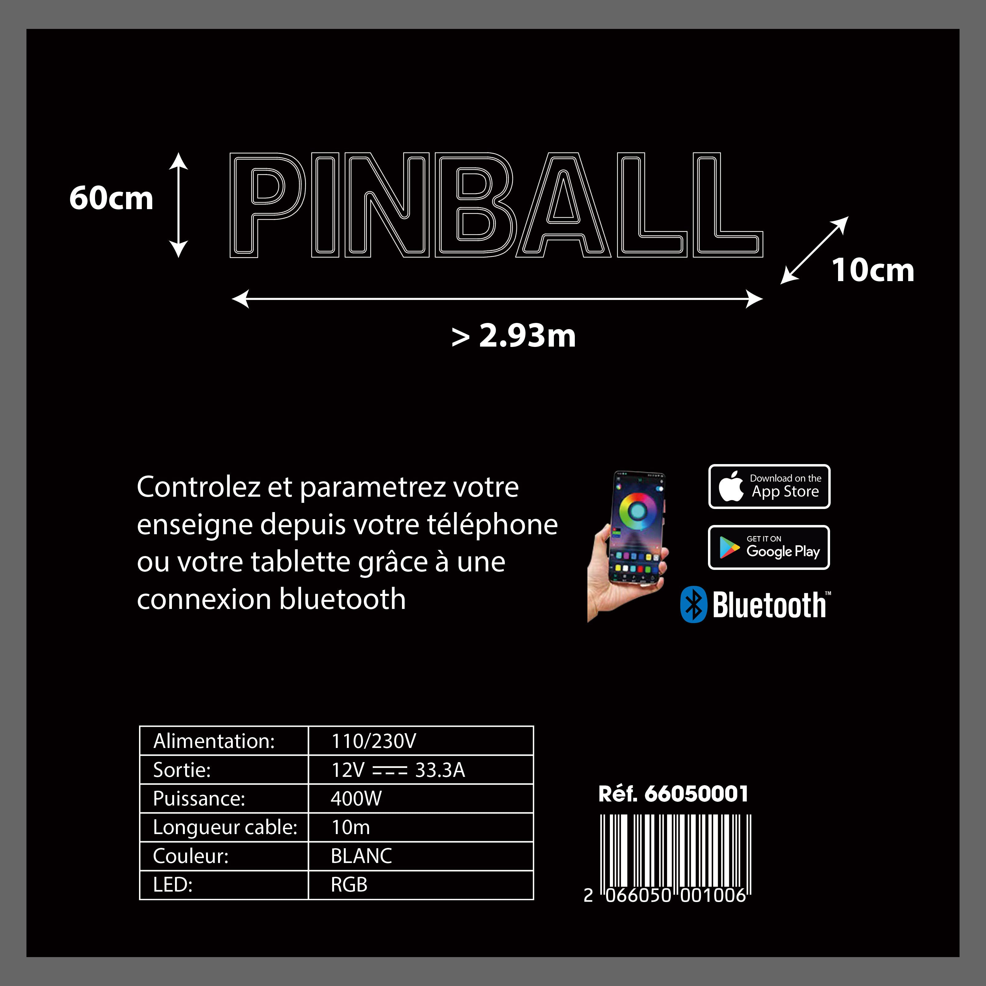 7 lettres lumineuses professionnelles XL RGB Bluetooth largeur 2,93 mètre (PINBALL)