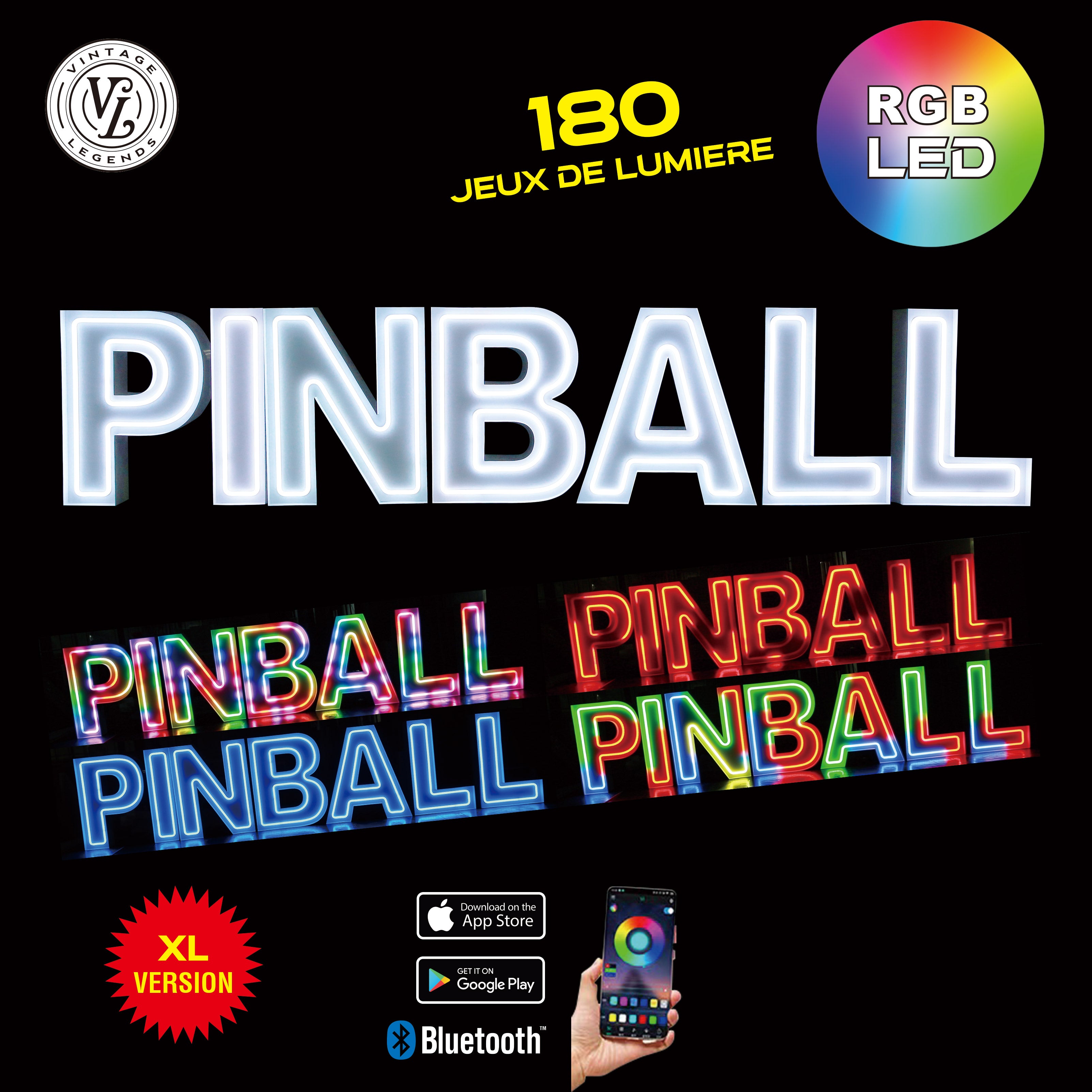 7 lettres lumineuses professionnelles XL RGB Bluetooth largeur 2,93 mètre (PINBALL)