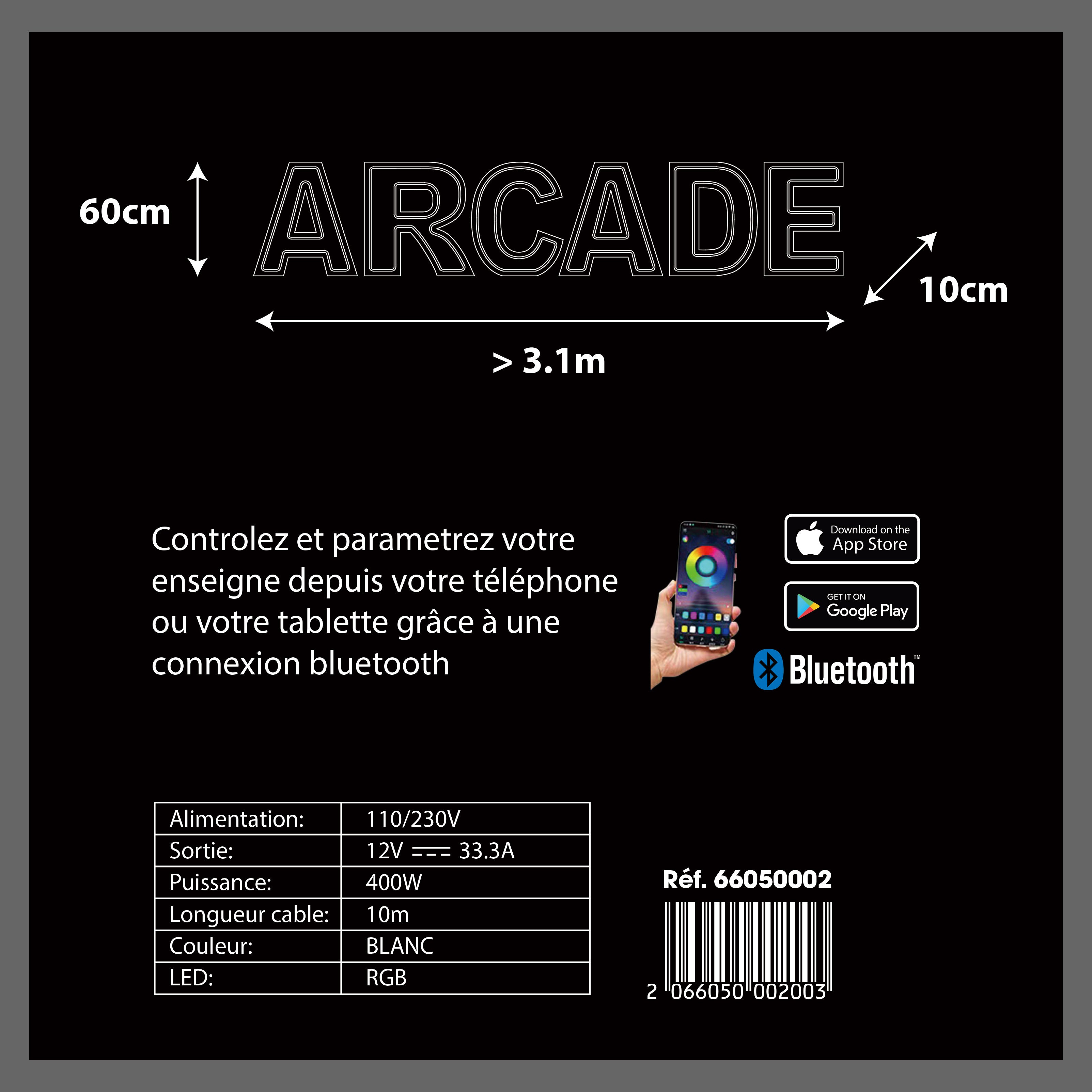 6 lettres lumineuses professionnelles XL RGB Bluetooth largeur 3,10 mètre (ARCADE)