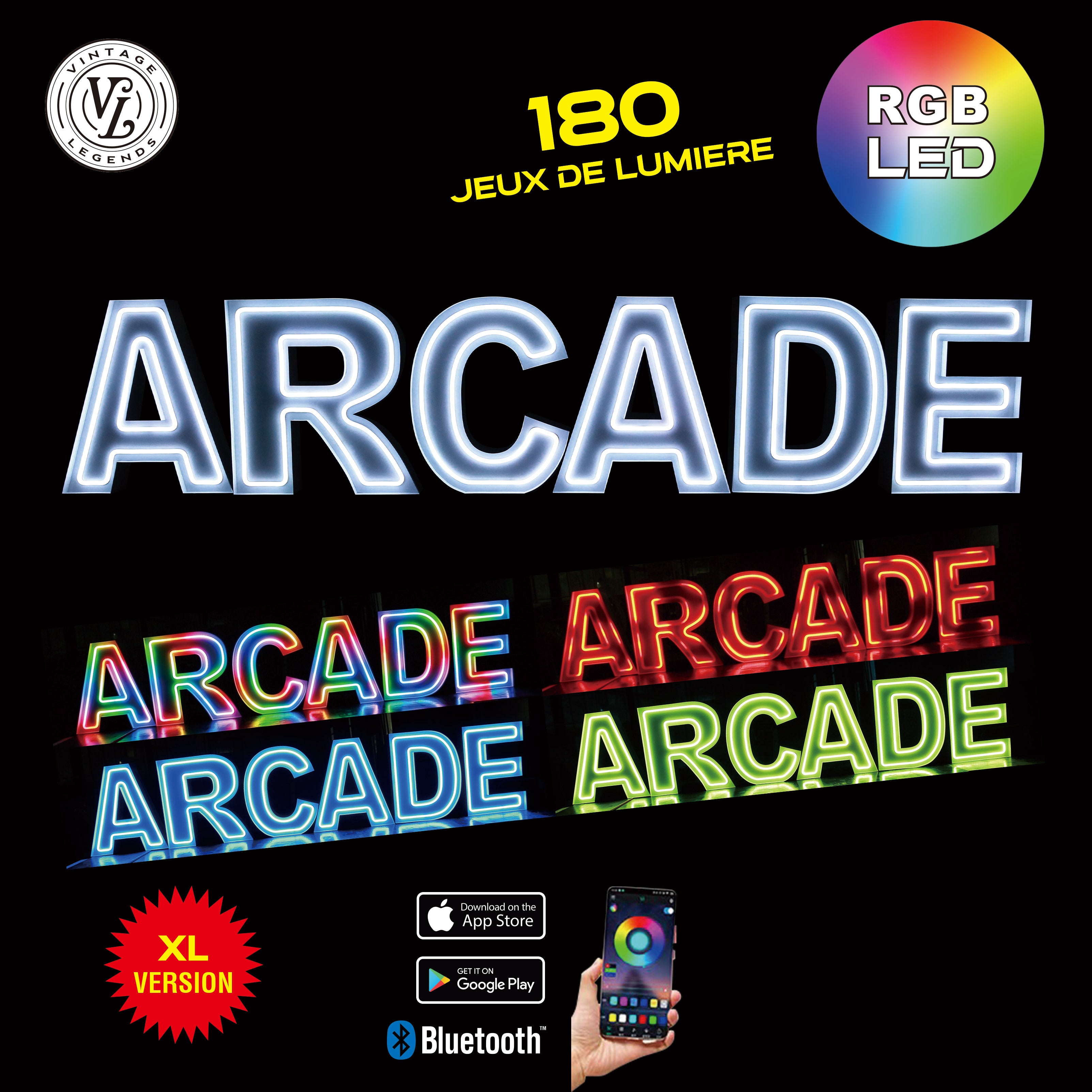 6 lettres lumineuses professionnelles XL RGB Bluetooth largeur 3,10 mètre (ARCADE)