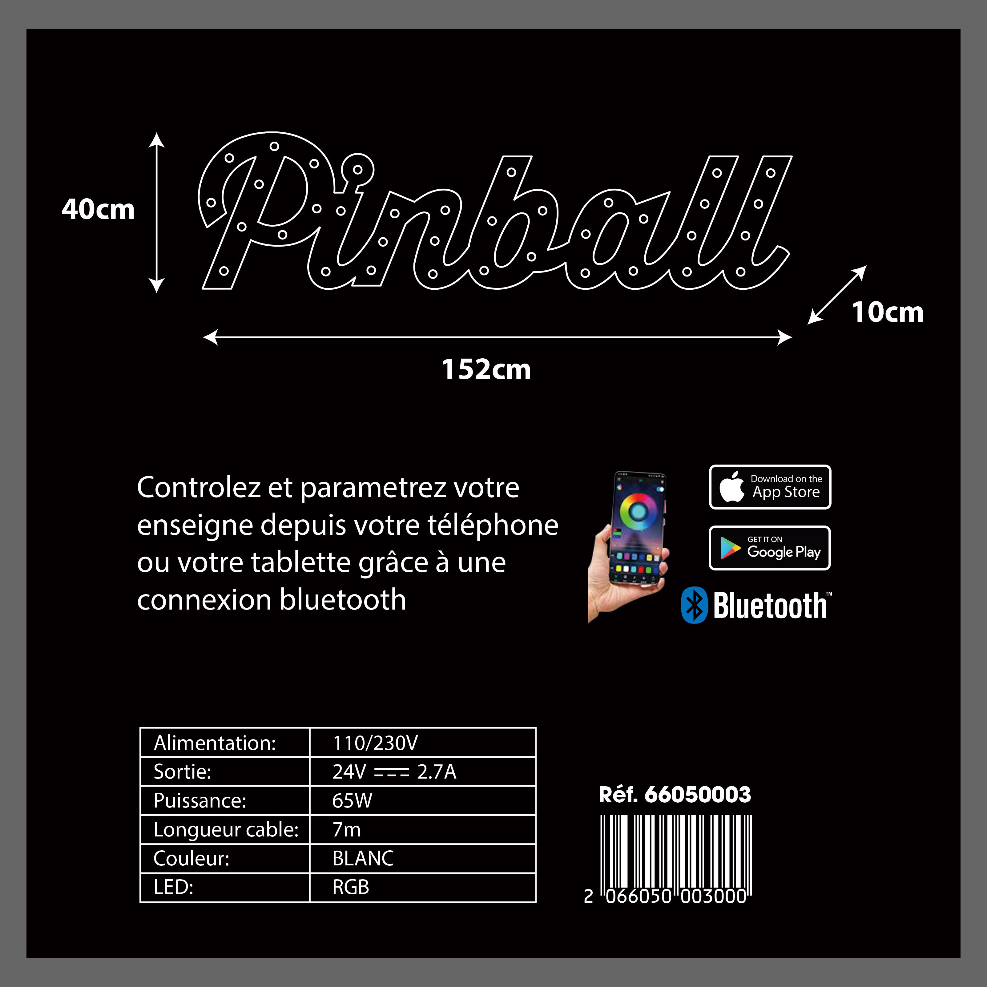 Enseigne lumineuse professionnelle RGB Bluetooth largeur 1,52 mètre (PINBALL)