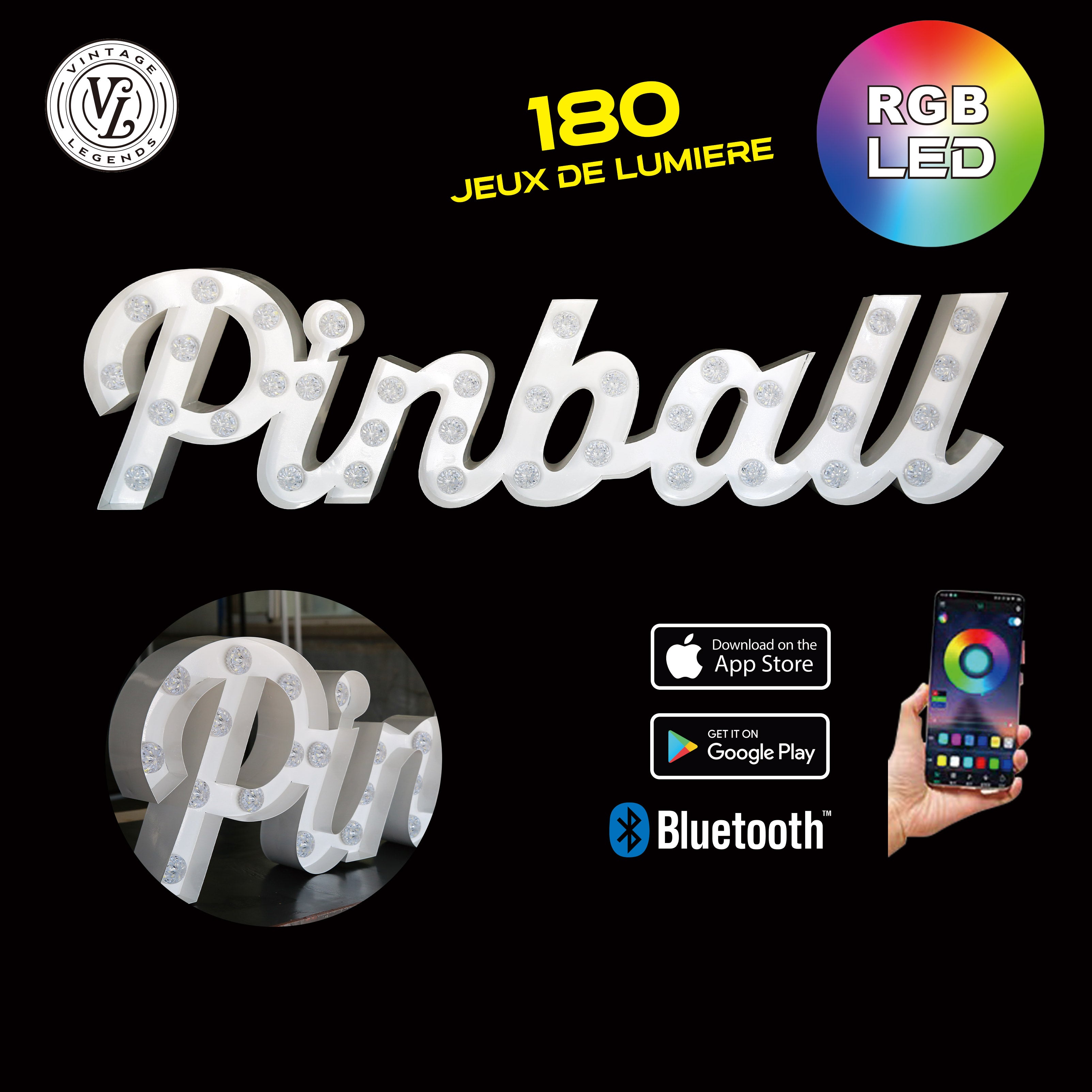 Enseigne lumineuse professionnelle RGB Bluetooth largeur 1,52 mètre (PINBALL)