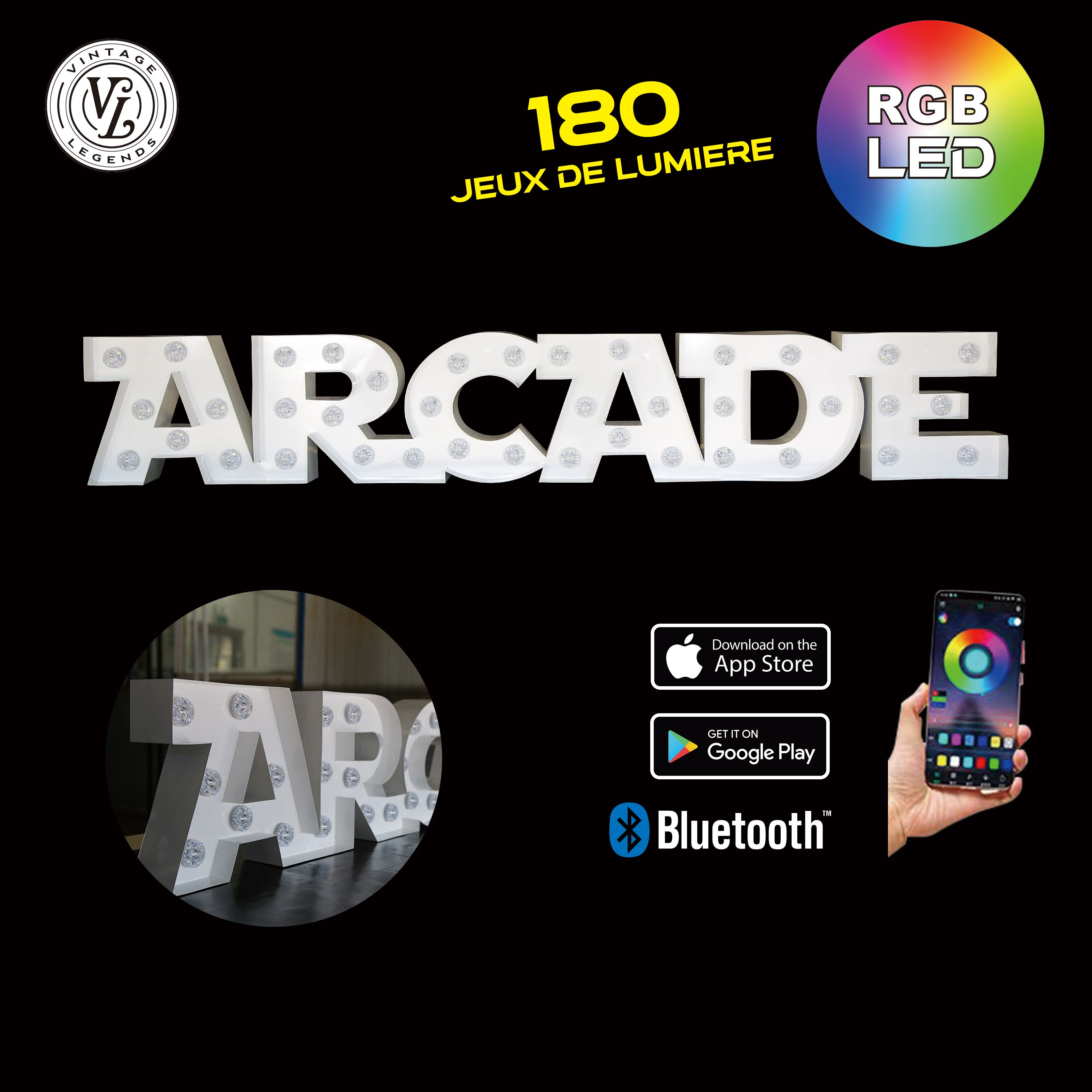 Enseigne lumineuse professionnelle RGB Bluetooth largeur 2,03 mètre (ARCADE)