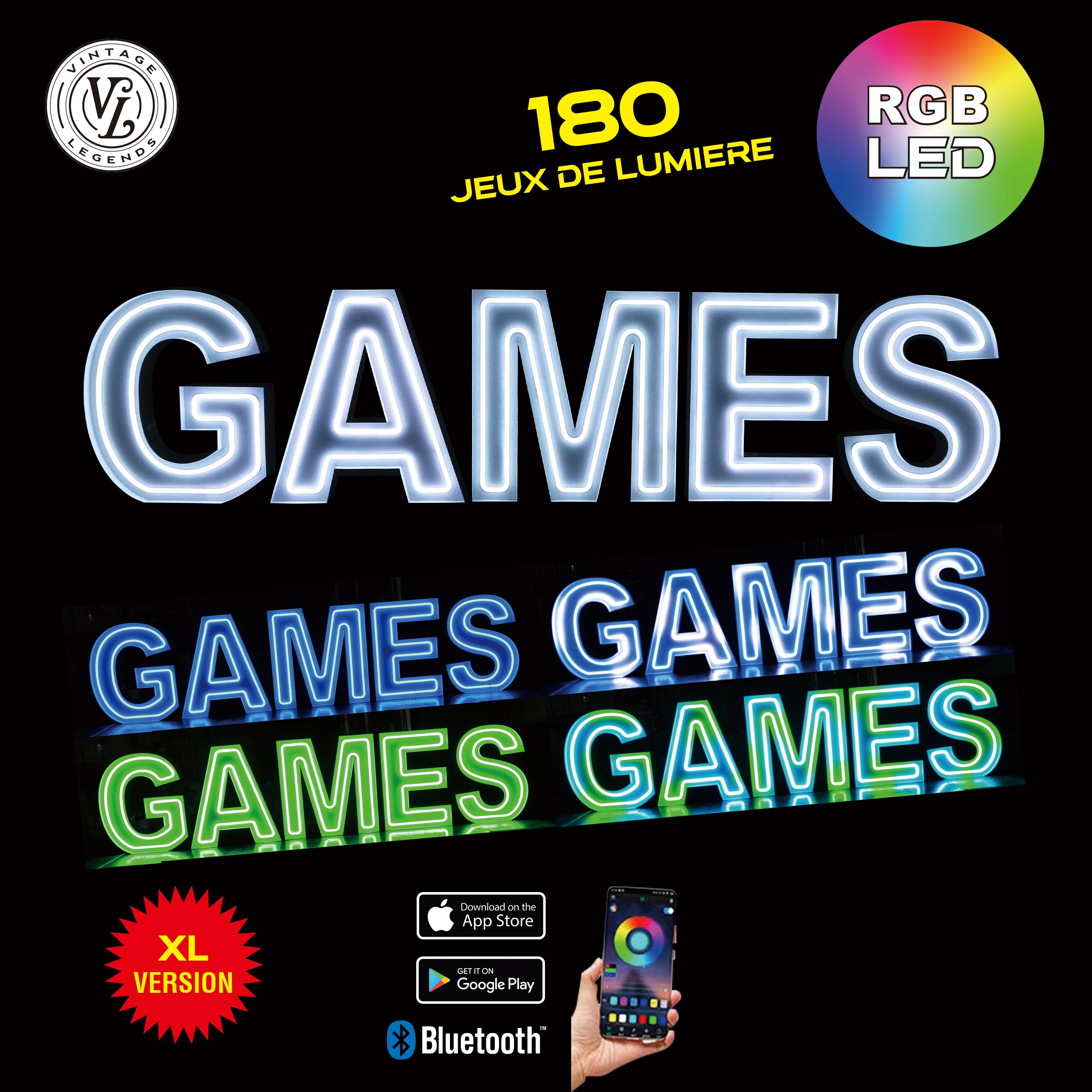 5 lettres lumineuses professionnelles XL RGB Bluetooth largeur 2,55 mètre (GAMES)