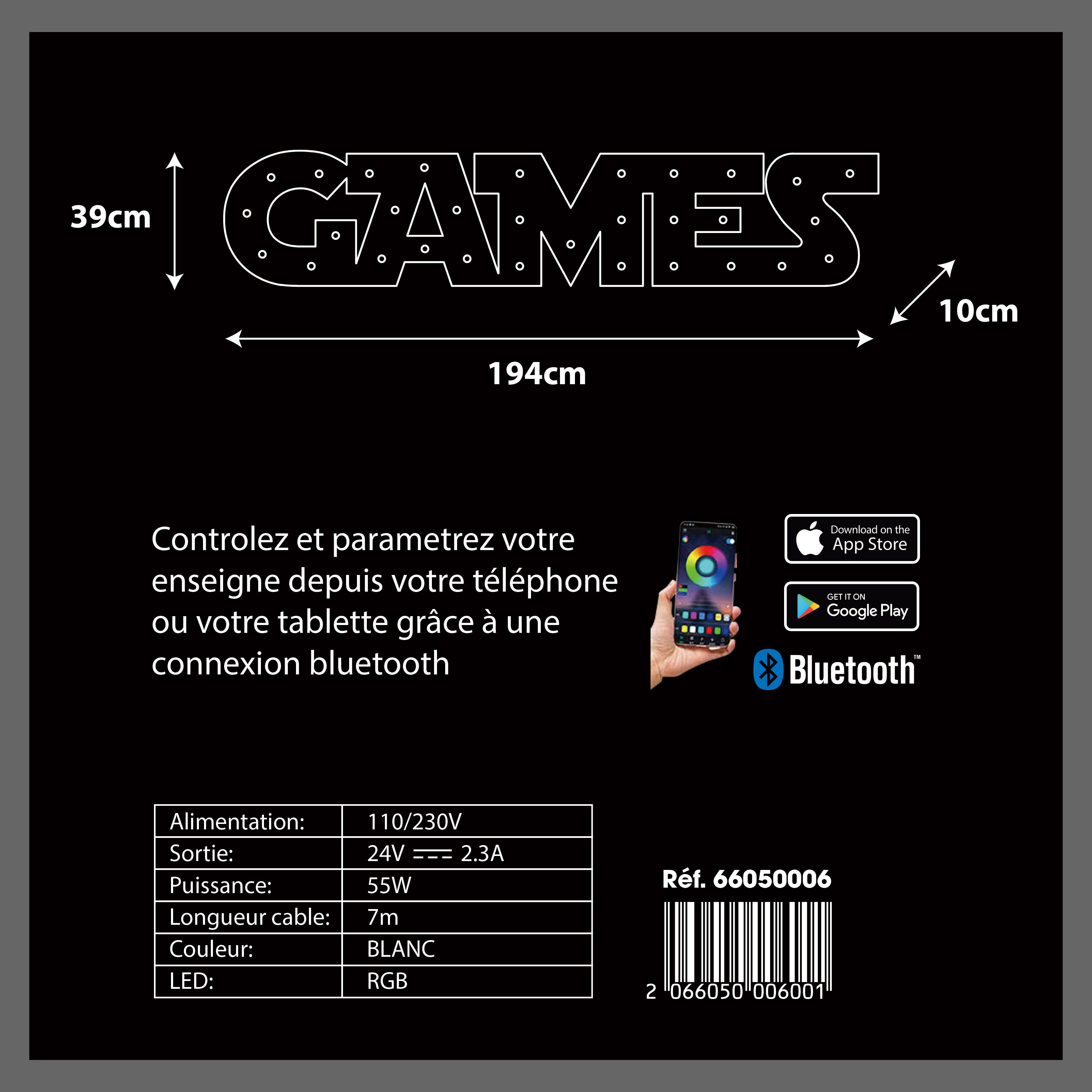 Enseigne lumineuse professionnelle RGB Bluetooth largeur 1,94 mètre (GAMES)