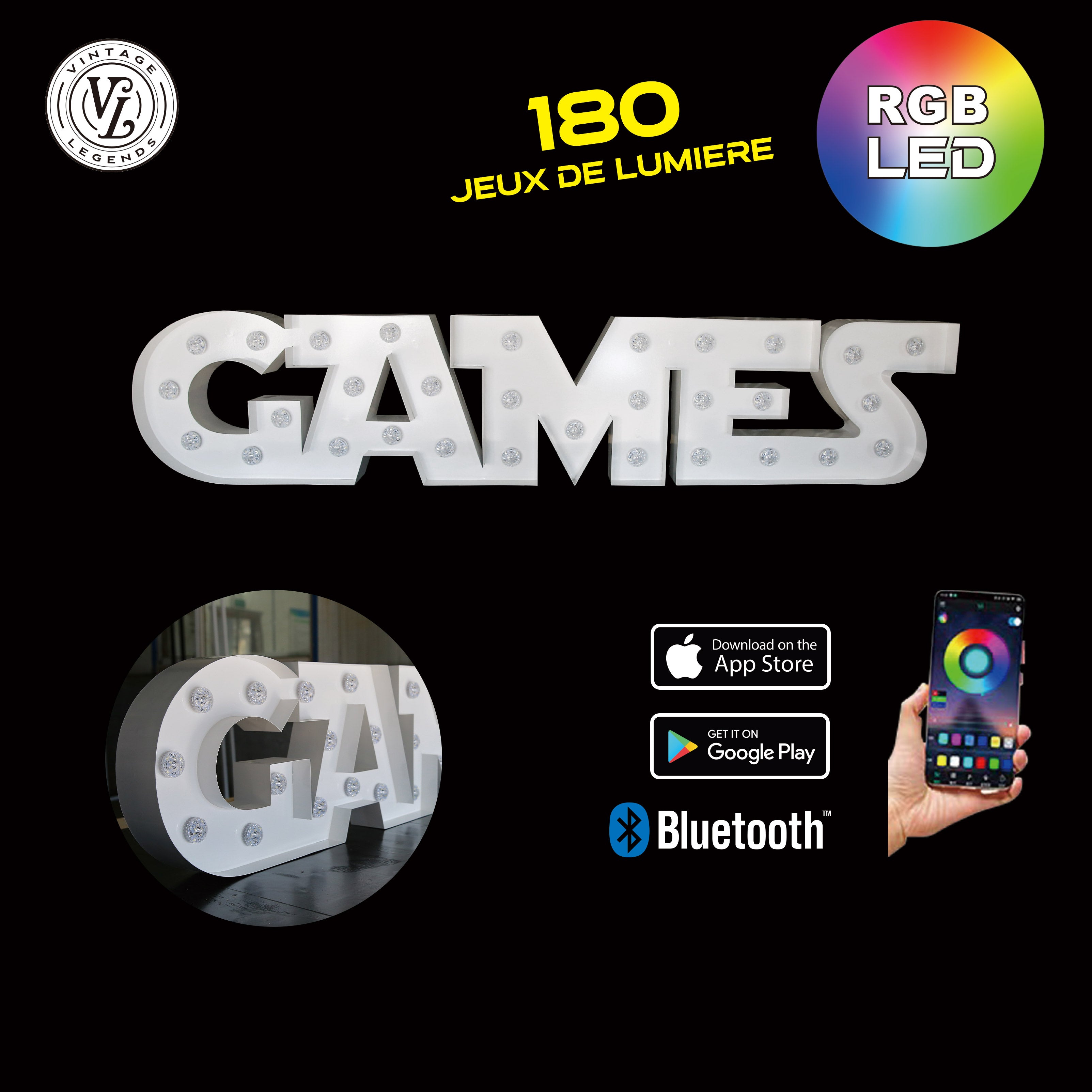 Enseigne lumineuse professionnelle RGB Bluetooth largeur 1,94 mètre (GAMES)