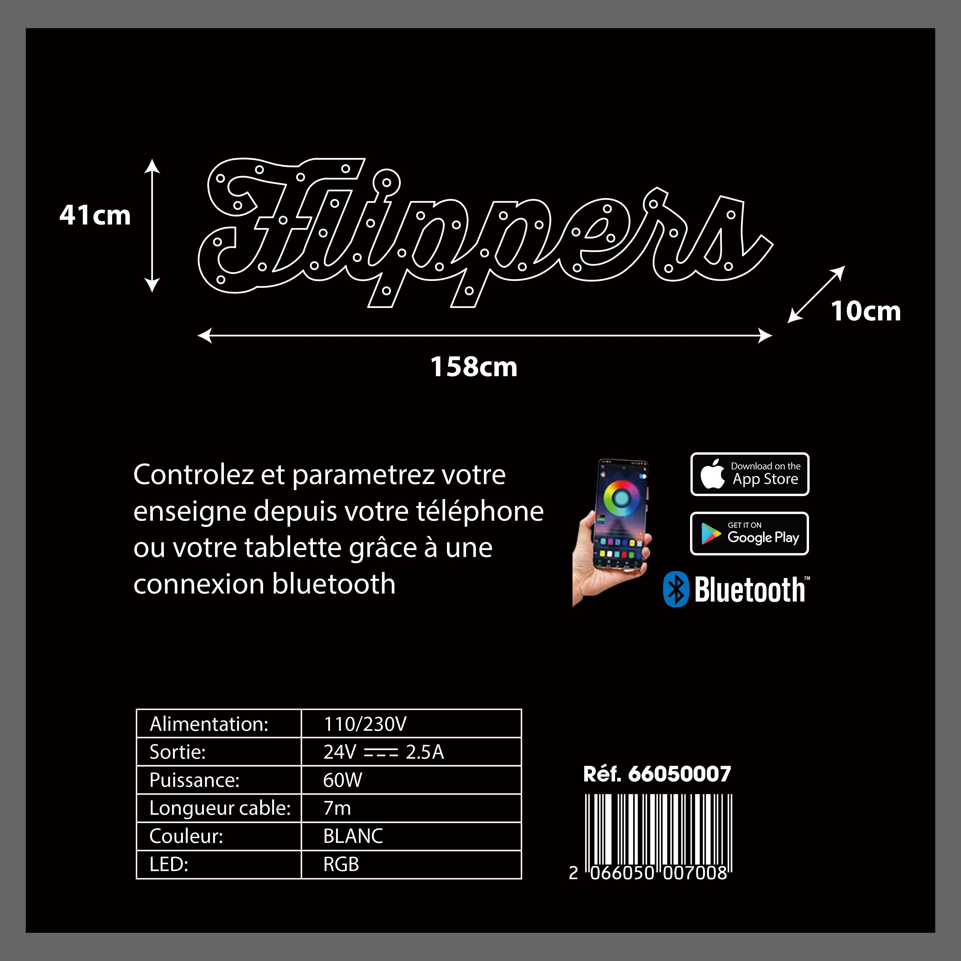 Enseigne lumineuse professionnelle RGB Bluetooth largeur 1,58 mètre (FLIPPERS)