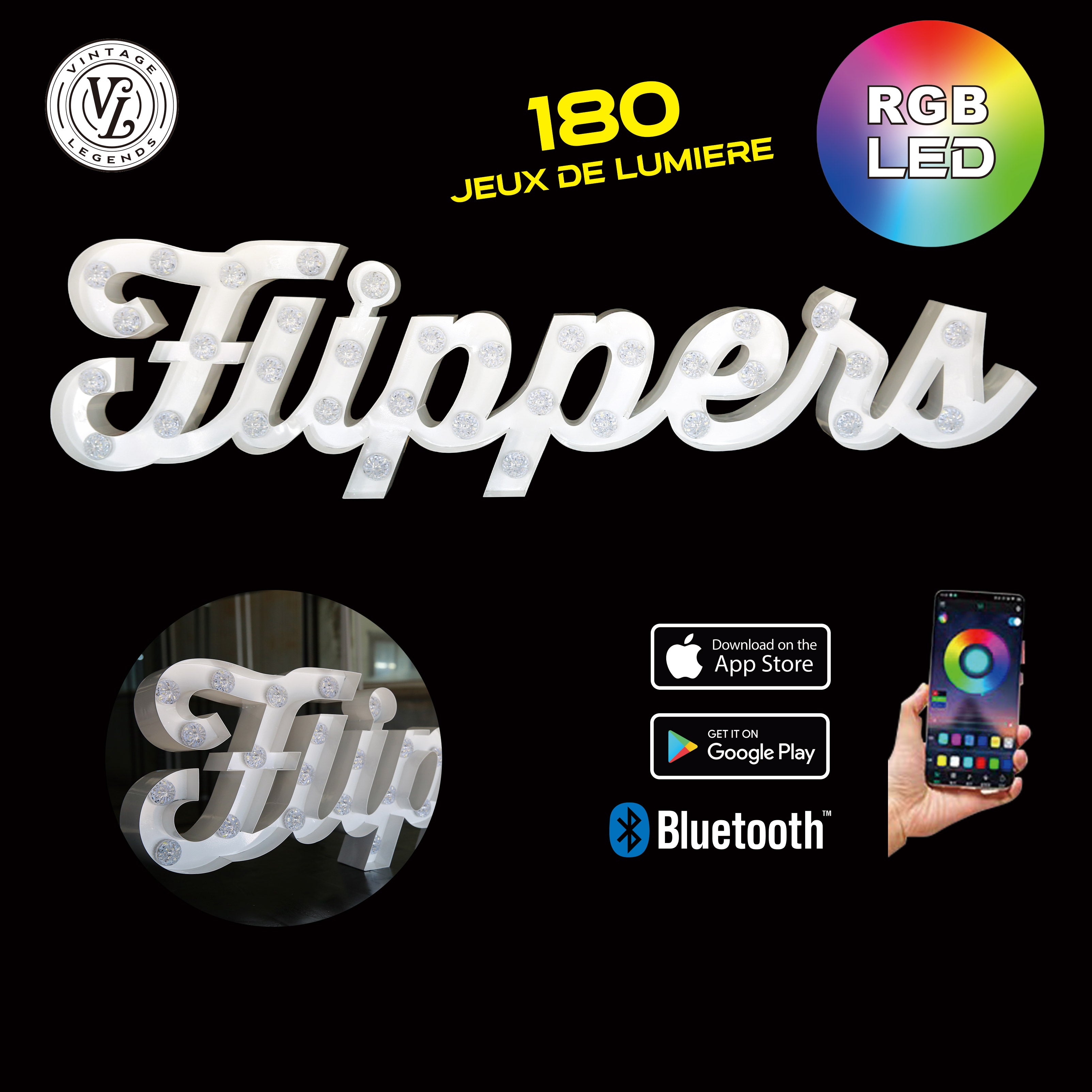 Enseigne lumineuse professionnelle RGB Bluetooth largeur 1,58 mètre (FLIPPERS)