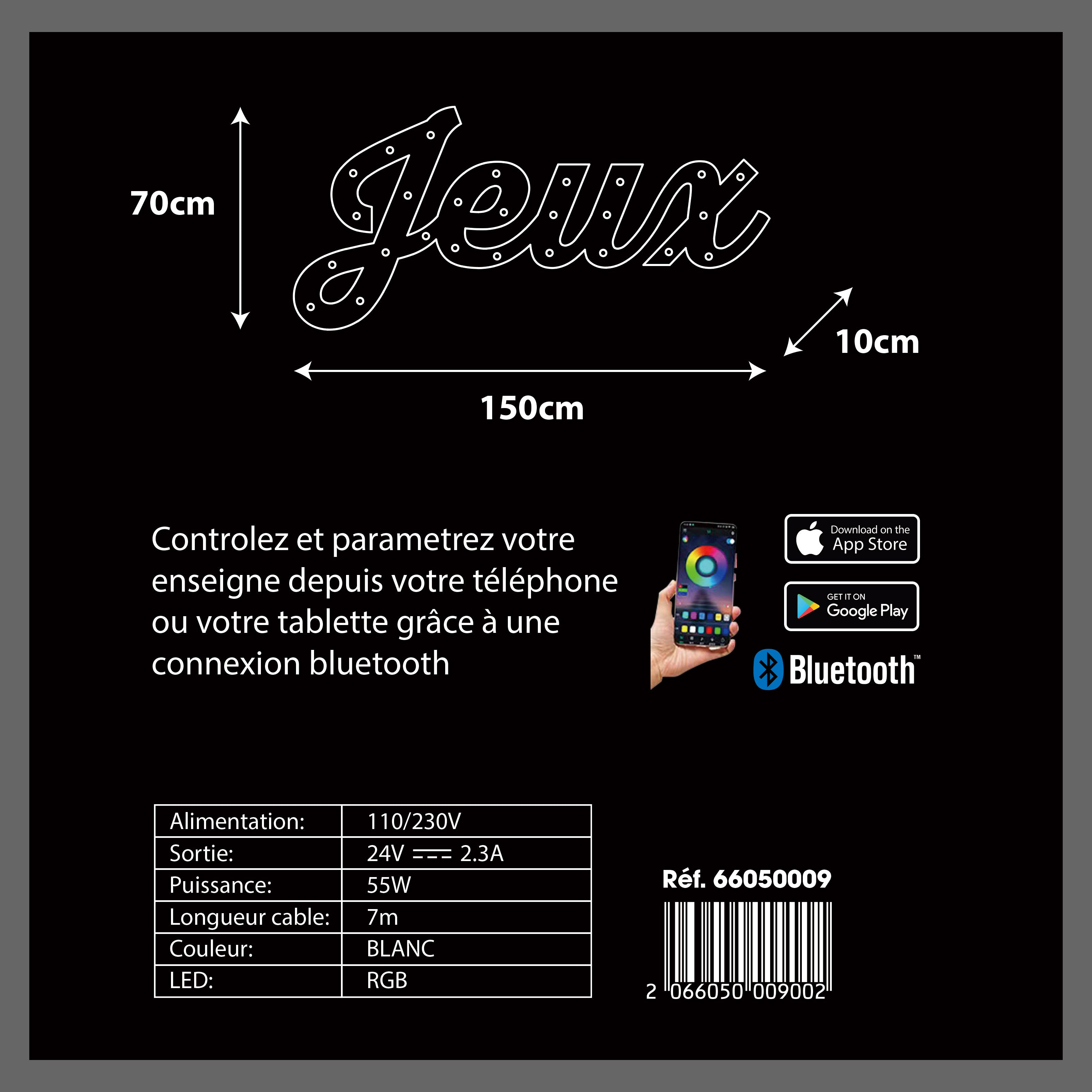 Enseigne lumineuse professionnelle RGB Bluetooth largeur 1,50 mètre (JEUX)
