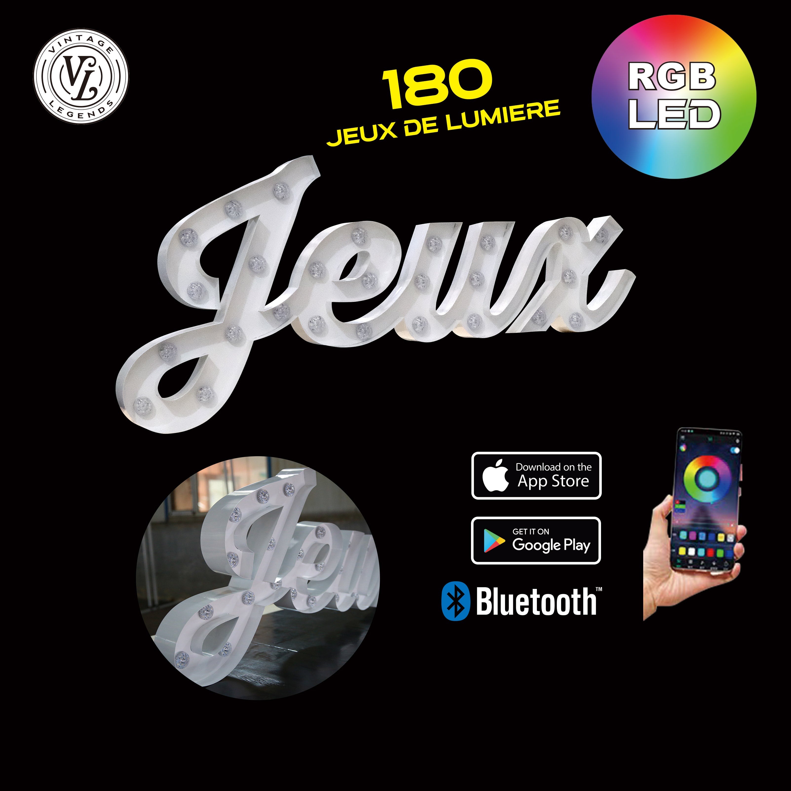 Enseigne lumineuse professionnelle RGB Bluetooth largeur 1,50 mètre (JEUX)