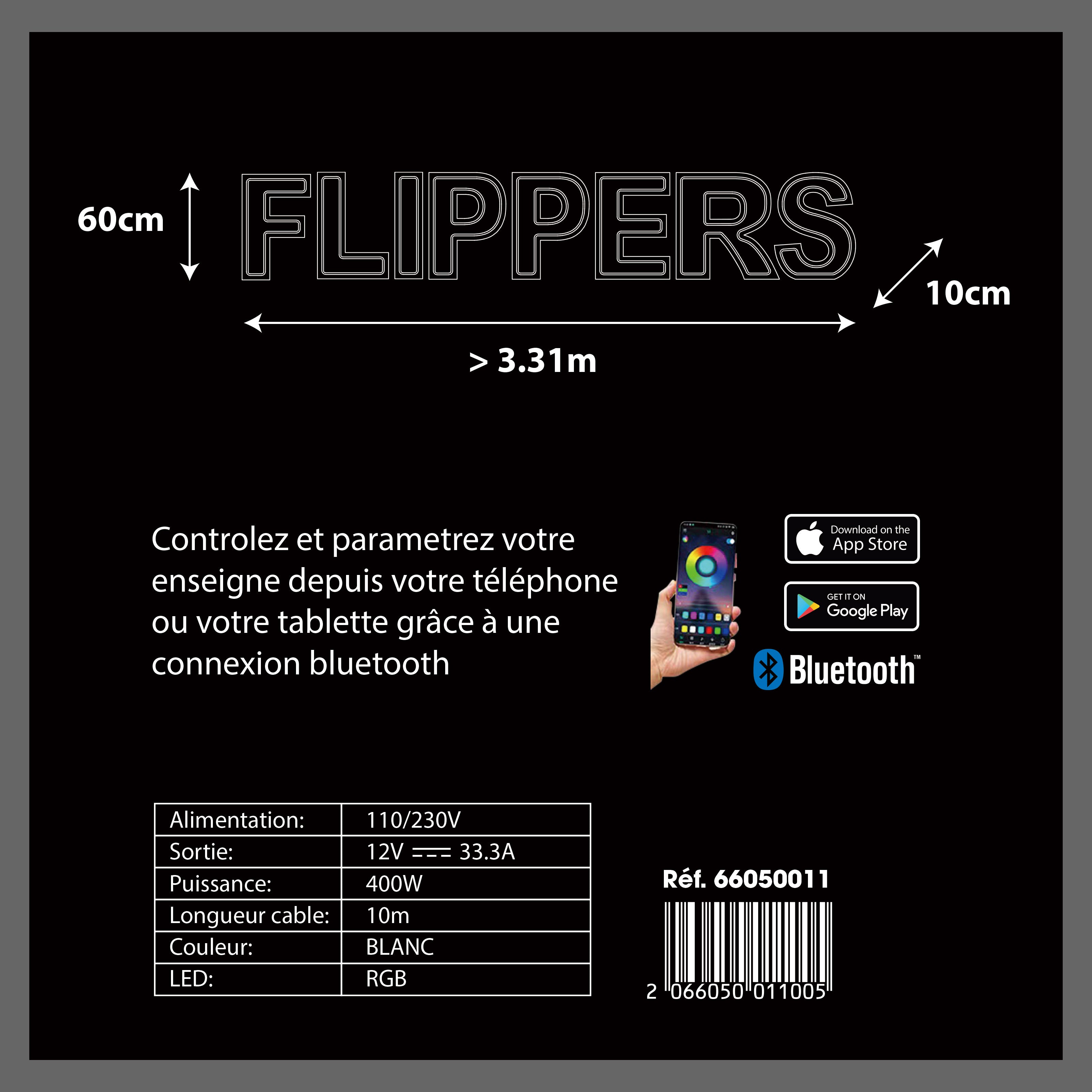 8 lettres lumineuses professionnelles XL RGB Bluetooth largeur 3,31 mètre (FLIPPERS)