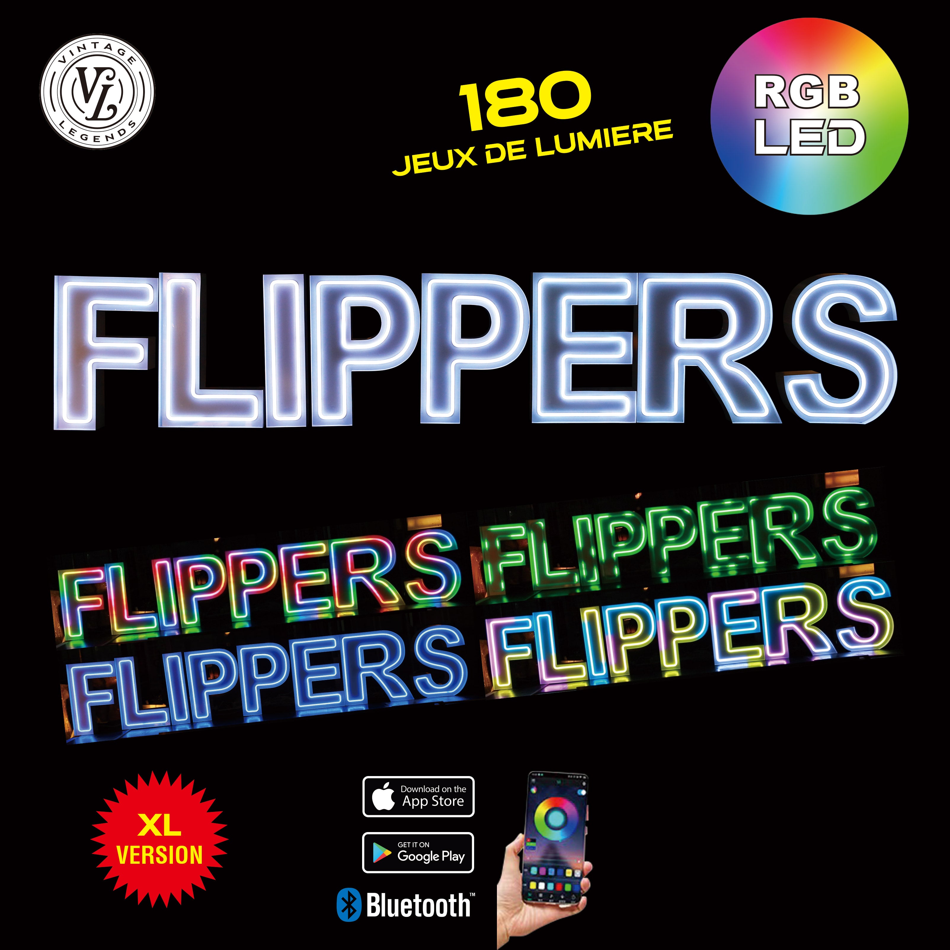 8 lettres lumineuses professionnelles XL RGB Bluetooth largeur 3,31 mètre (FLIPPERS)