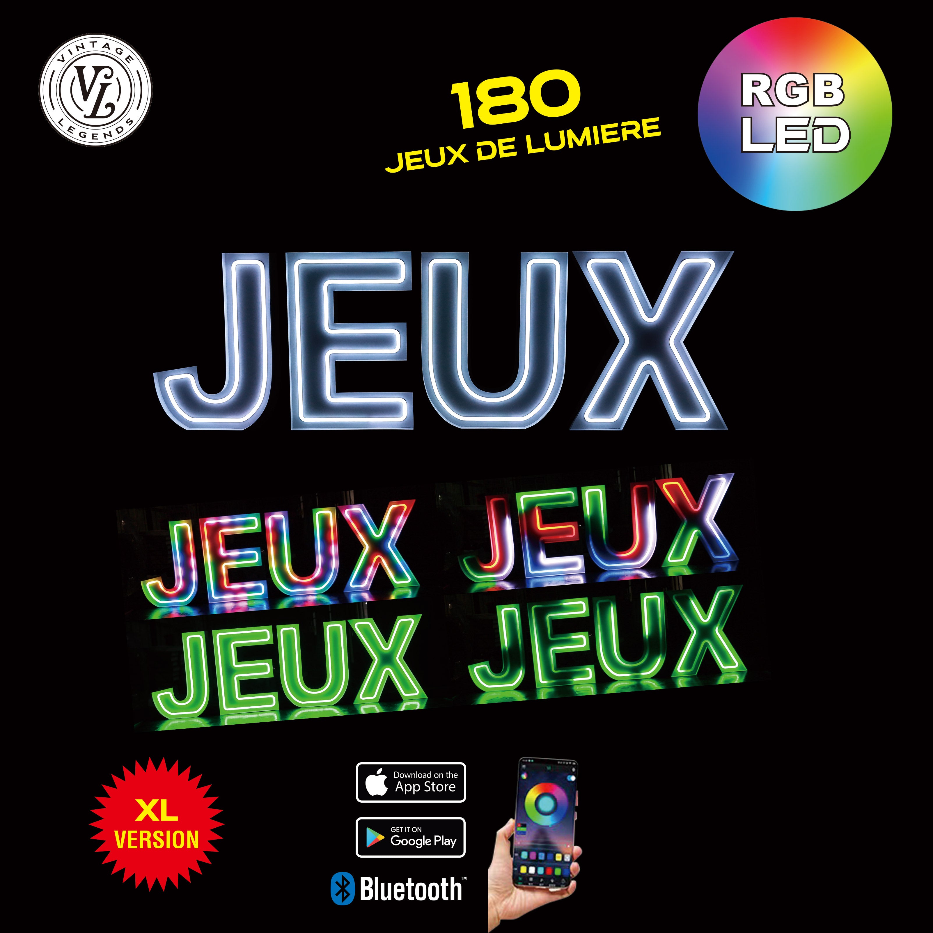 4 lettres lumineuses professionnelles XL RGB Bluetooth largeur 1,88 mètre (JEUX)