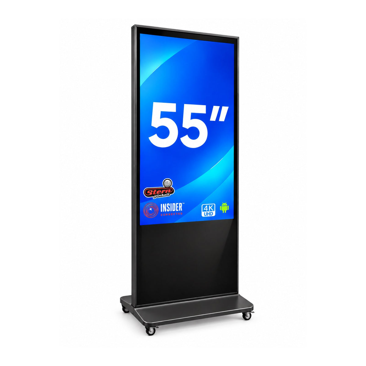 Totem digital tactile 55 pouces 4K UHD sur socle mobile, châssis métal noir, affichant un leaderboard Stern Insider Connected