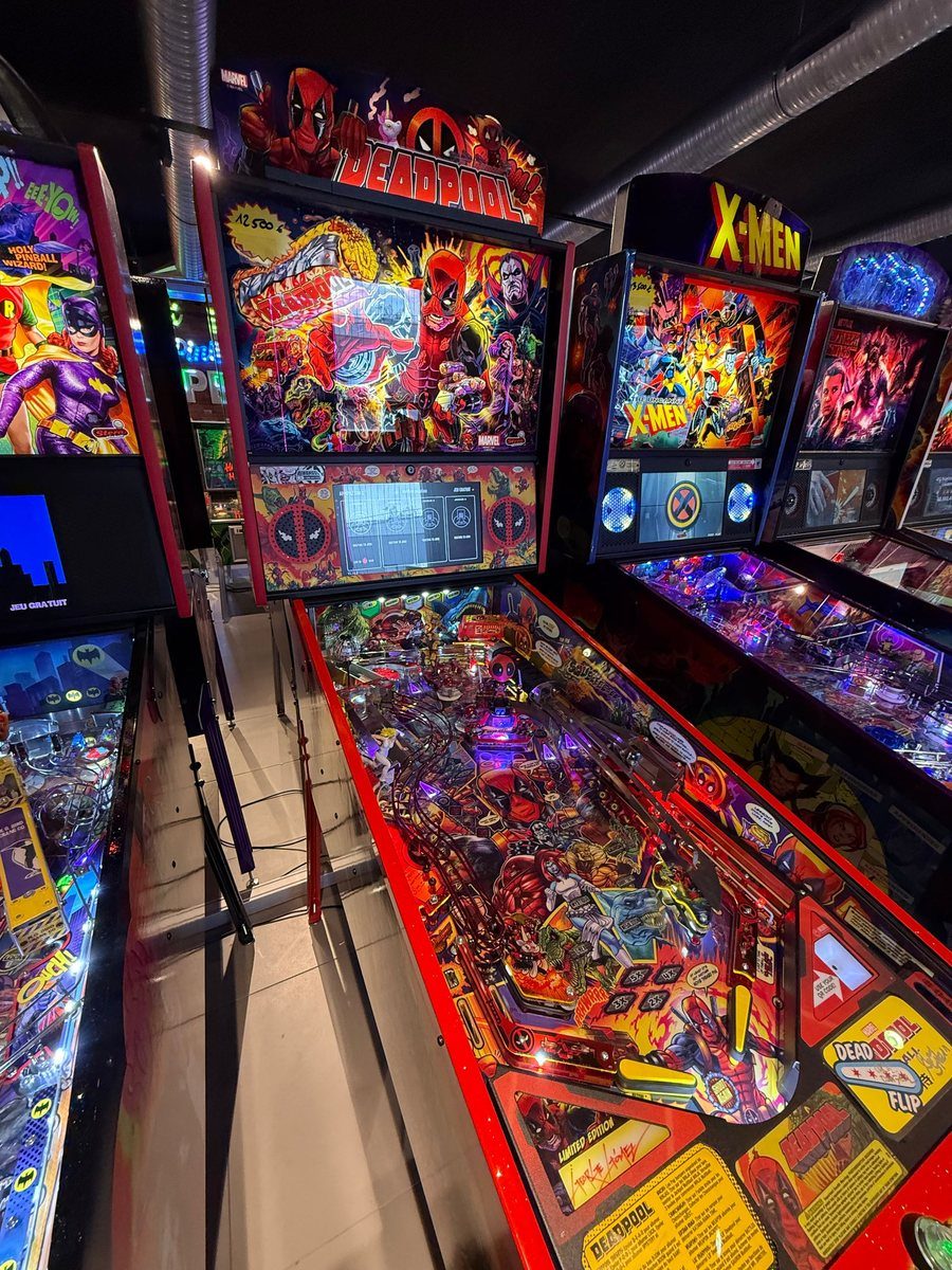 Rangée de flippers au showroom Vintage Legends : essayer plusieurs machines avant de choisir son premier flipper