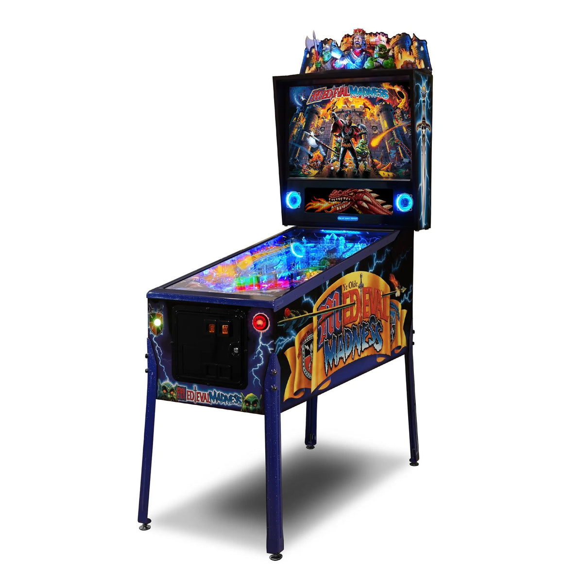 Flipper Medieval Madness Merlin Edition de Chicago Gaming, caisse bleue, topper King of Payne et plateau éclairé en RGB