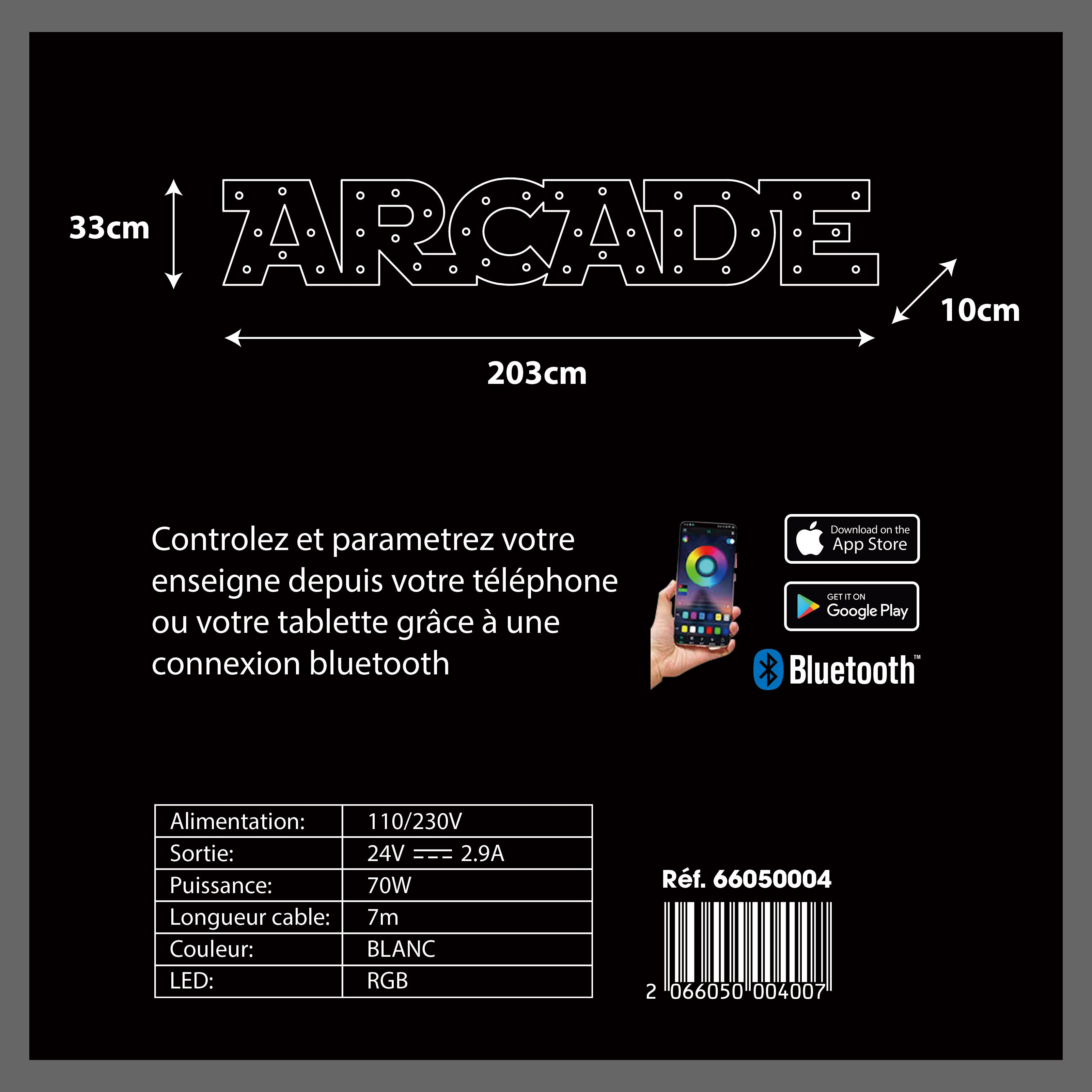 Enseigne lumineuse professionnelle RGB Bluetooth largeur 2,03 mètre (ARCADE)