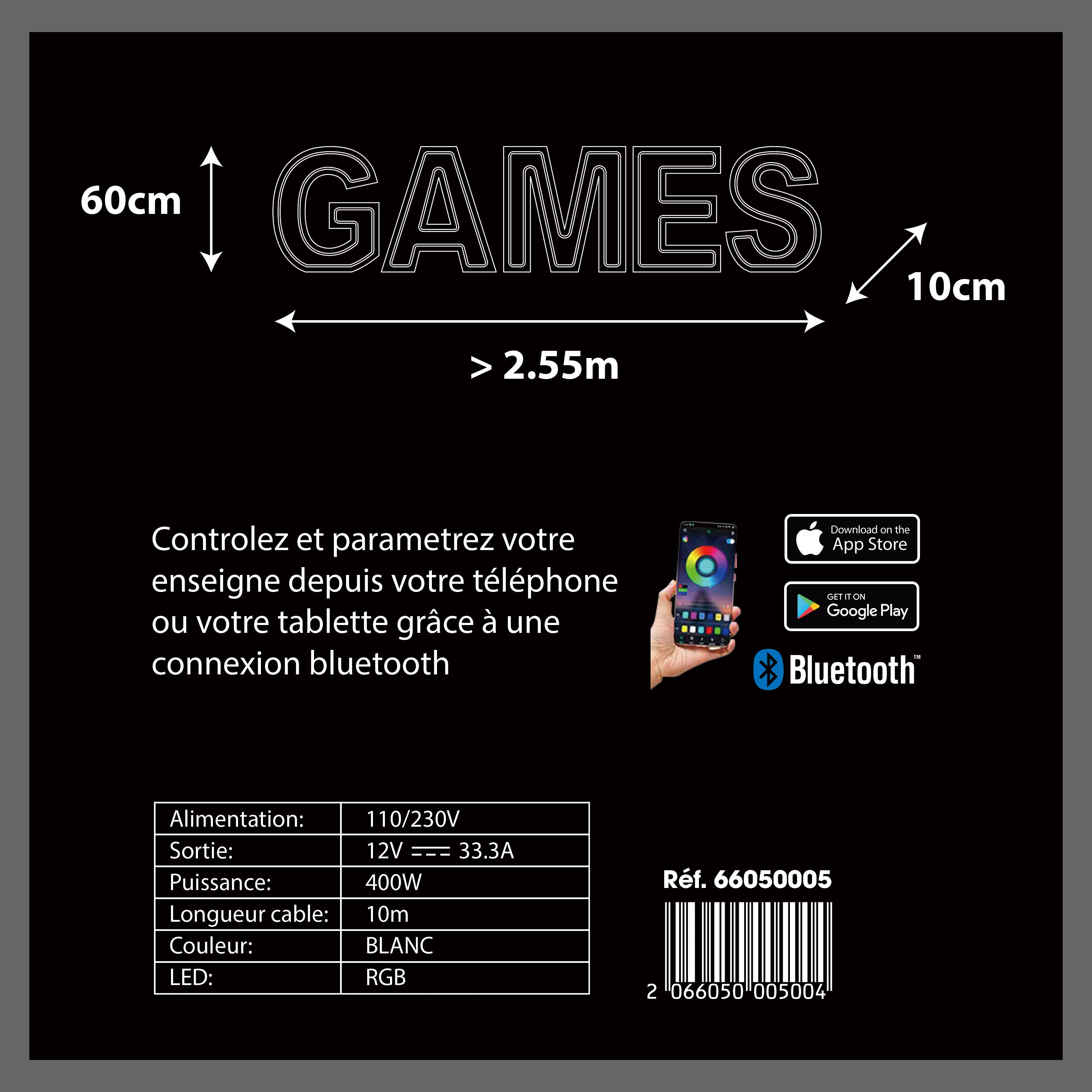 5 lettres lumineuses professionnelles XL RGB Bluetooth largeur 2,55 mètre (GAMES)