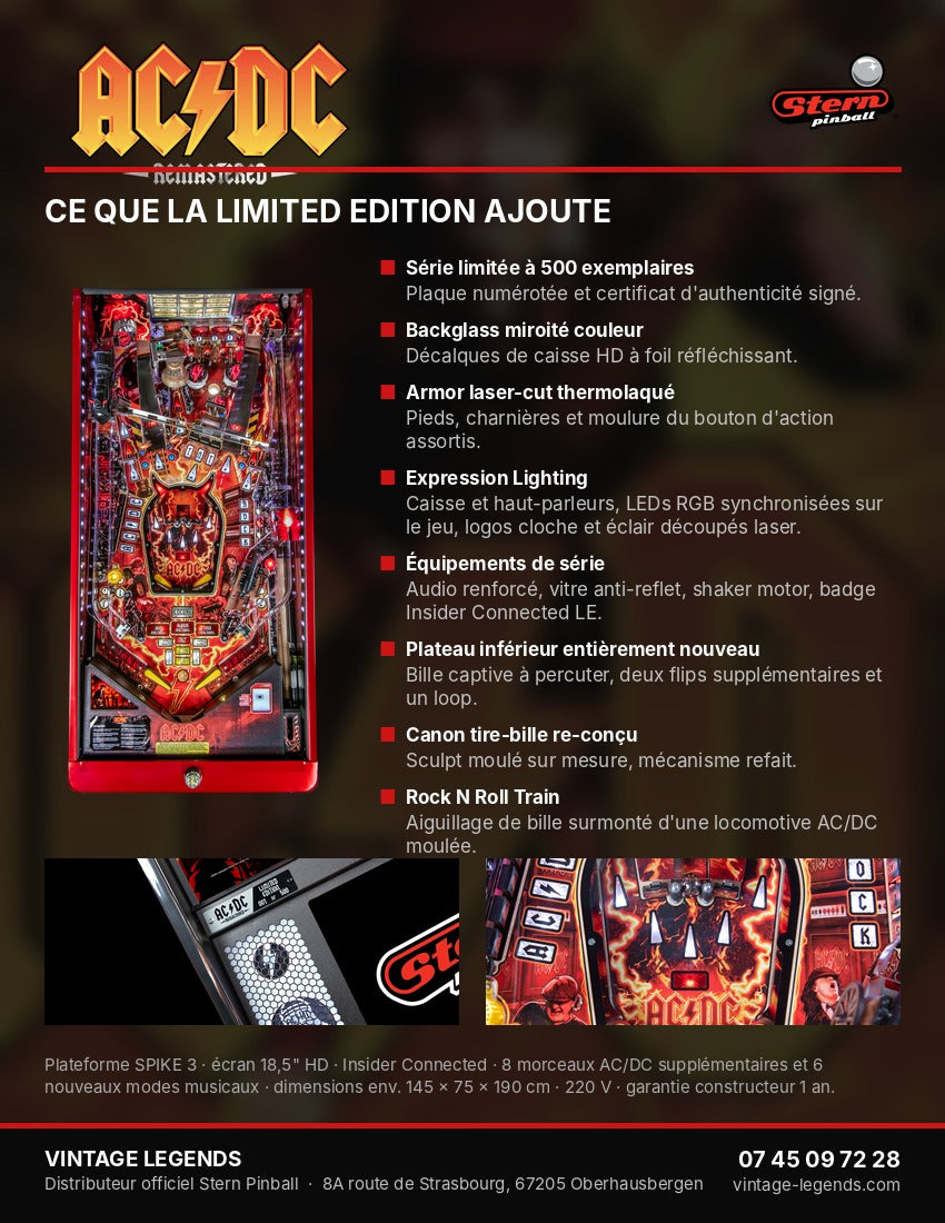 Flyer AC/DC Remastered Limited Edition de Stern Pinball, verso et caractéristiques