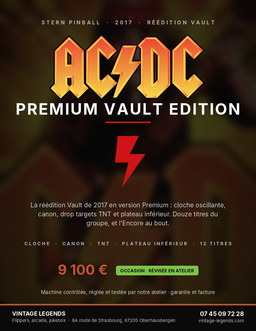 Flyer Flipper AC/DC Premium Vault Edition Stern 2017 occasion — recto, Vintage Legends