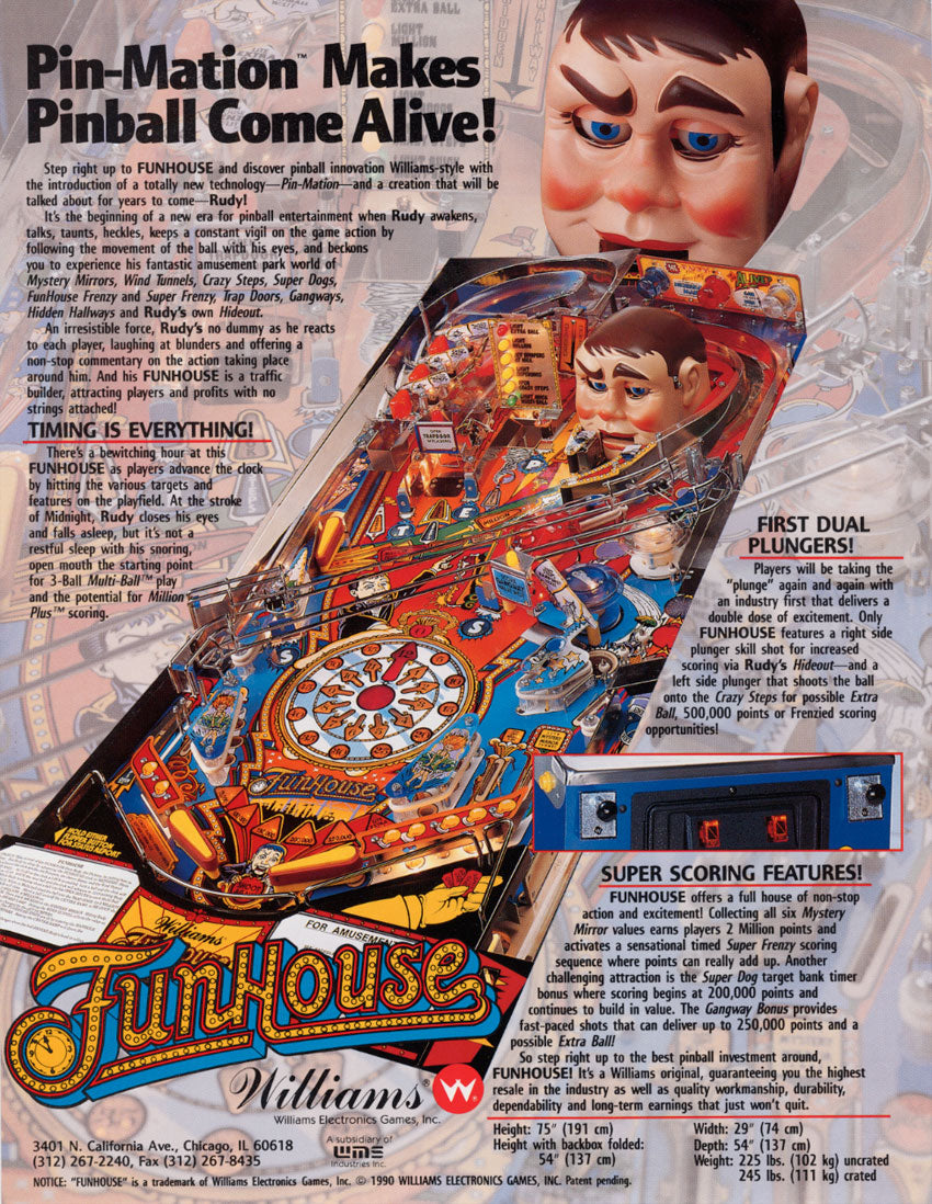 Flyer d'origine Williams Funhouse 1990 - verso