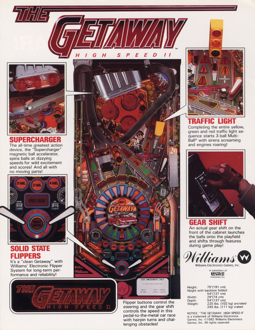Flyer d'origine Williams The Getaway High Speed II 1992 - verso